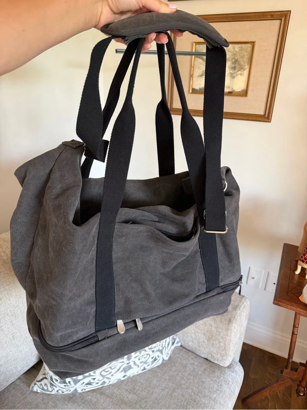 Charcoal Canvas Weekend Duffel Bag with Shoe Compartment